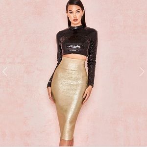 House of CB Black and Gold Sequin Midi Skirt